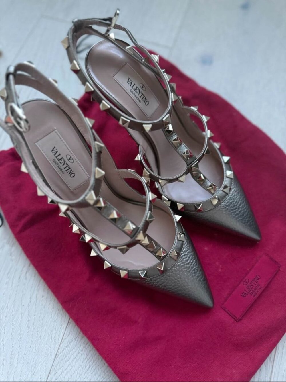 Valentino Rockstud 100mm Metallic Gold Leather Heels Sz 37